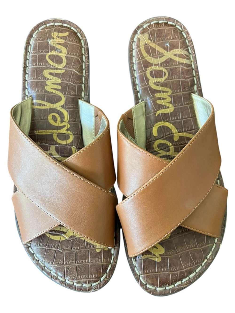 Sam Edelman Cognac Brown Leather Crisscross Slide Sandals